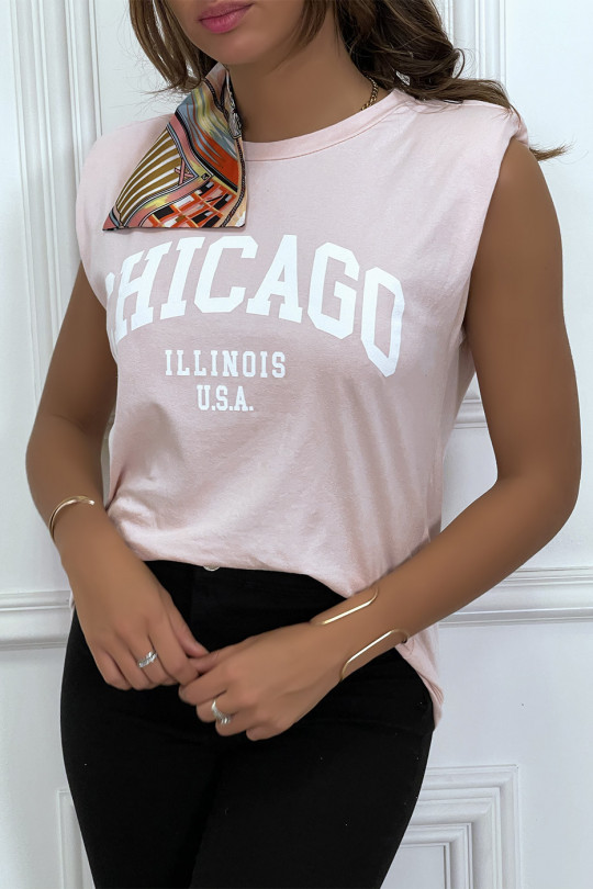 T-shirt rose avec épaulettes et écriture CHICAGO devant - 4