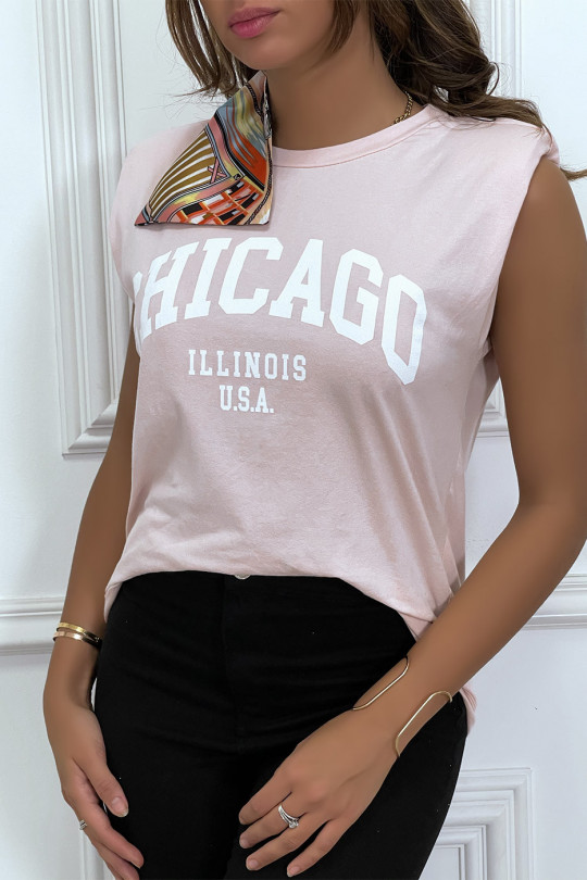 T-shirt rose avec épaulettes et écriture CHICAGO devant - 5