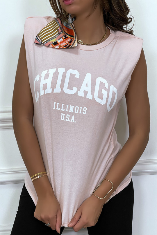 Roze T-shirt met epauletten en CHICAGO-tekst op de voorkant - 6