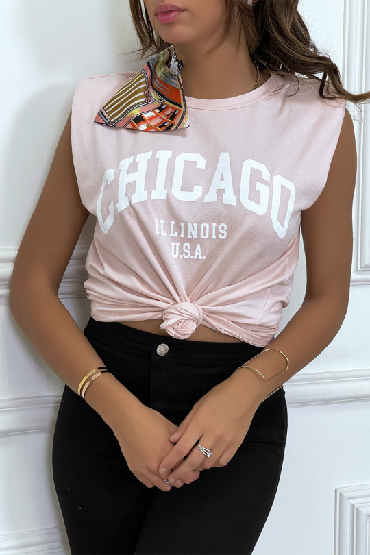 Roze T-shirt met epauletten en CHICAGO-tekst op de voorkant - 8