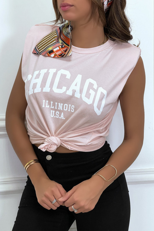 Roze T-shirt met epauletten en CHICAGO-tekst op de voorkant - 9