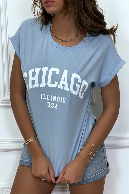 T-shirt Chicago en bleu légèrement ample avec manches revers - 2