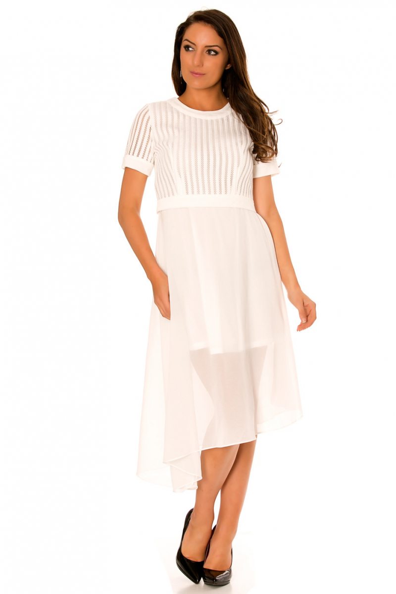Asymmetric white dress and bi-material. Top with hole and sheer skirt. F6281 - 3