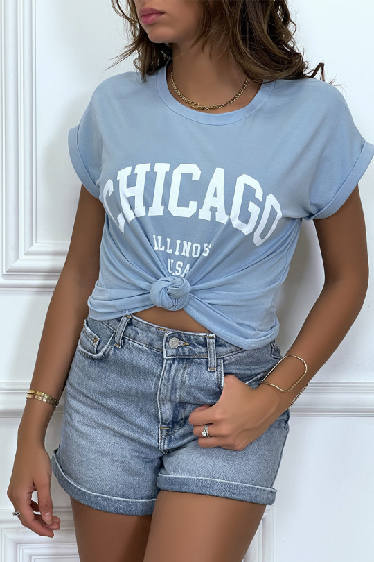 T-shirt Chicago en bleu légèrement ample avec manches revers - 3