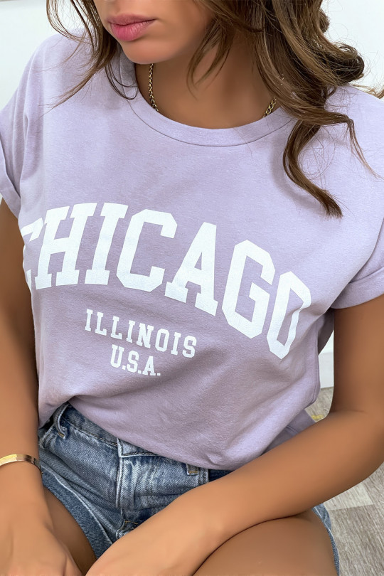 T-shirt Chicago en lilas légèrement ample avec manches revers - 1