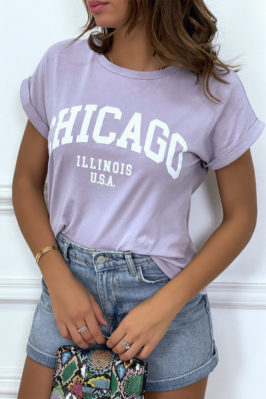T-shirt Chicago en lilas légèrement ample avec manches revers - 2