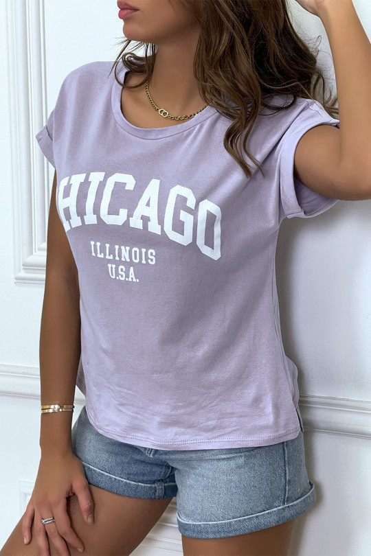 T-shirt Chicago en lilas légèrement ample avec manches revers - 5