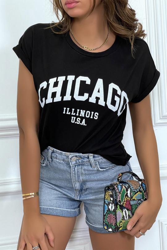 T-shirt Chicago en noir légèrement ample avec manches revers - 1