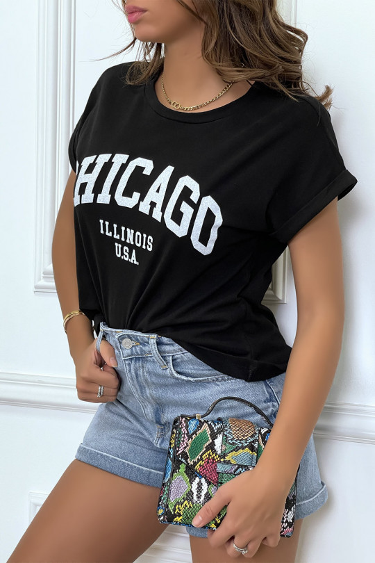 T-shirt Chicago en noir légèrement ample avec manches revers - 2