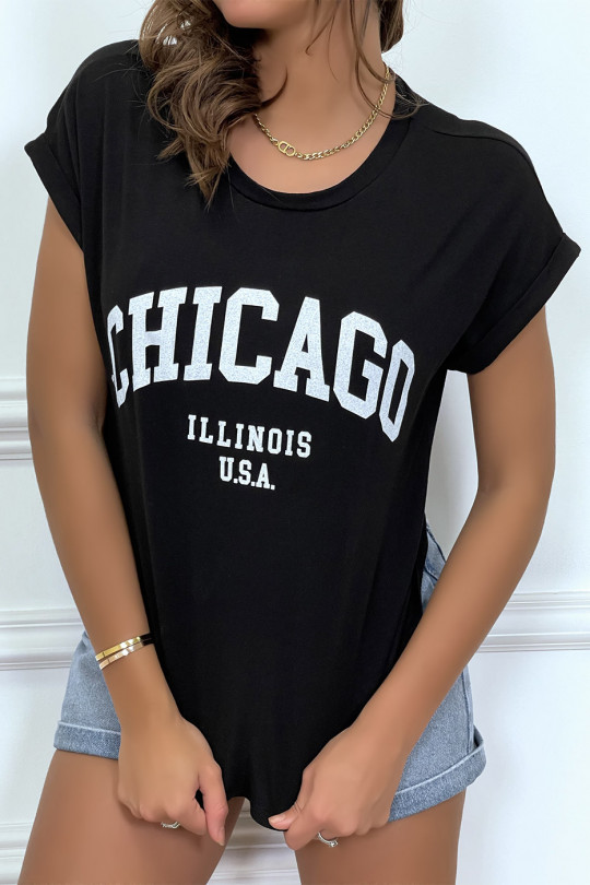 T-shirt Chicago en noir légèrement ample avec manches revers - 5