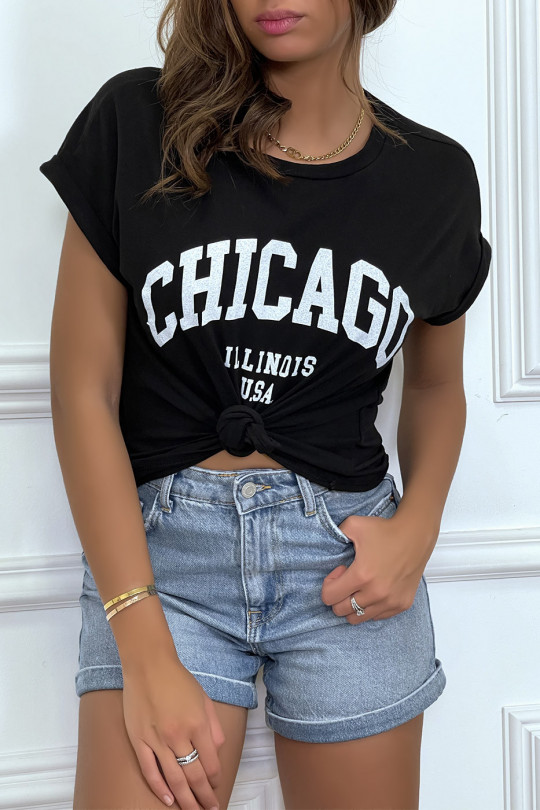 T-shirt Chicago en noir légèrement ample avec manches revers - 7