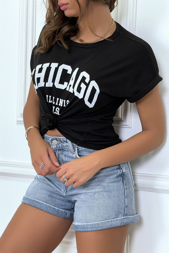 T-shirt Chicago en noir légèrement ample avec manches revers - 8