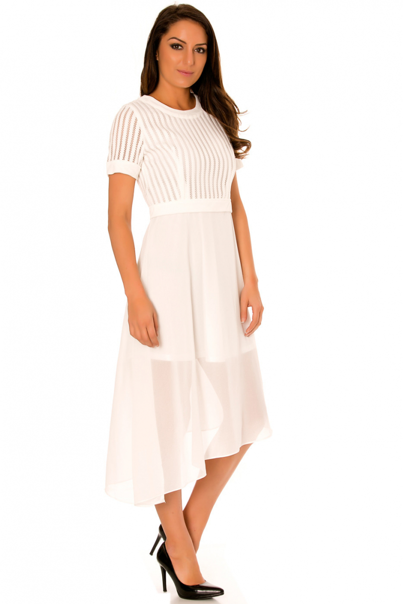 Asymmetrische witte jurk en bi-materiaal. Top met gat en doorschijnende rok. F6281 - 6
