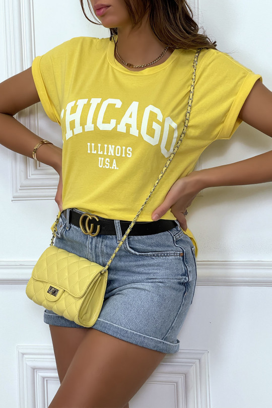 Licht losvallend Chicago t-shirt in geel met omgeslagen mouwen - 5