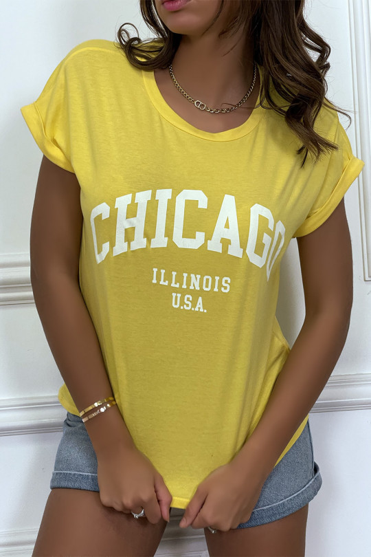 Licht losvallend Chicago t-shirt in geel met omgeslagen mouwen - 7