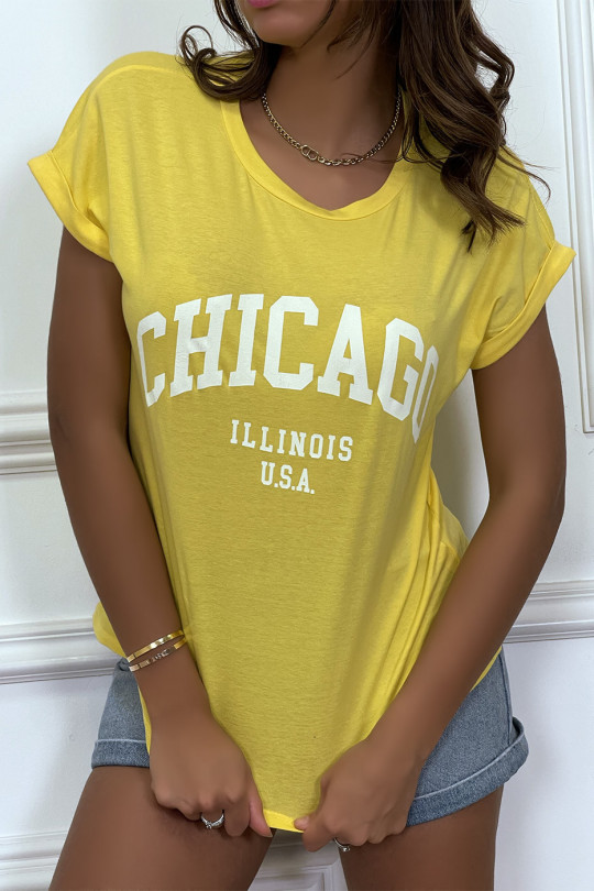 Licht losvallend Chicago t-shirt in geel met omgeslagen mouwen - 8