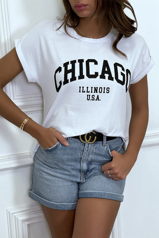 T-shirt Chicago en blanc légèrement ample avec manches revers - 2