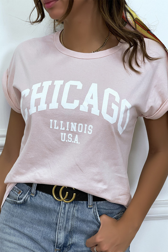 T-shirt Chicago en rose légèrement ample avec manches revers - 1
