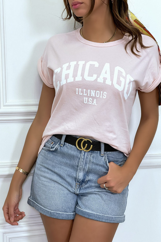T-shirt Chicago en rose légèrement ample avec manches revers - 2