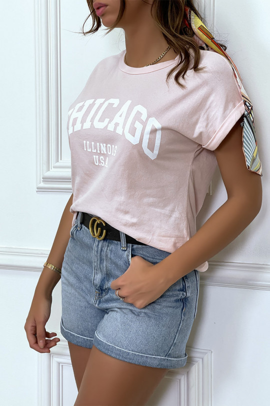T-shirt Chicago en rose légèrement ample avec manches revers - 3