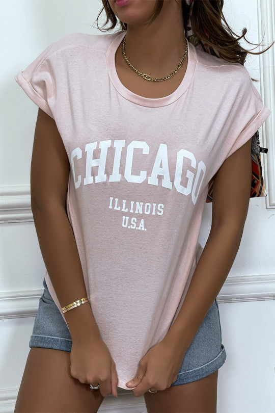 T-shirt Chicago en rose légèrement ample avec manches revers - 5