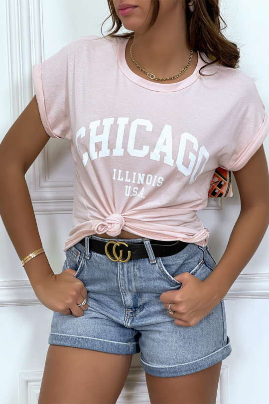 T-shirt Chicago en rose légèrement ample avec manches revers - 7
