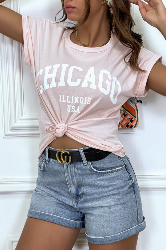 T-shirt Chicago en rose légèrement ample avec manches revers - 8