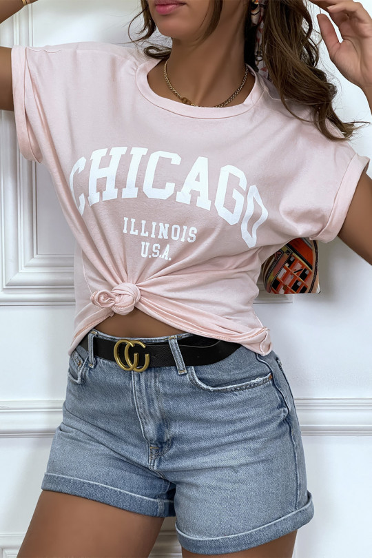 T-shirt Chicago en rose légèrement ample avec manches revers - 9