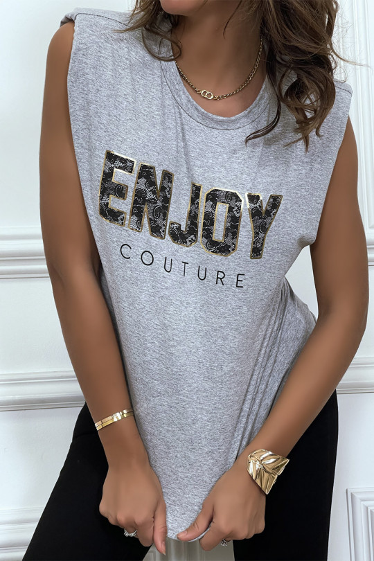Gray t-shirt with shoulder pads with ENJOY writing - 7
