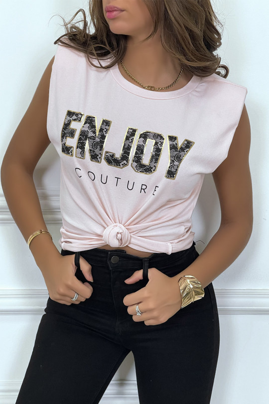 Tee-shirt rose à épaulettes avec écriture ENJOY - 6