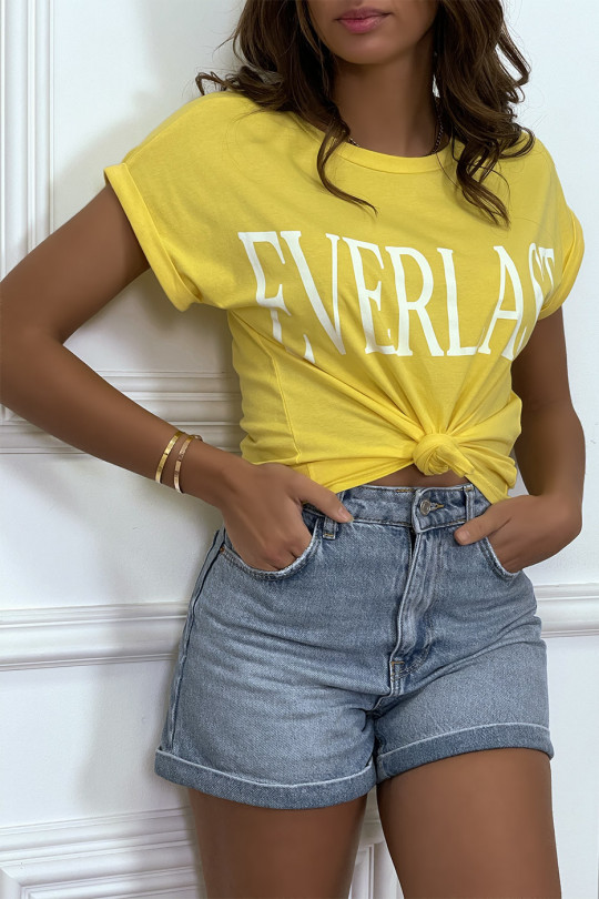 T-shirt jaune manches retroussées avec écriture "Everlast". - 3