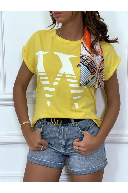Hyper trendy yellow loose T-shirt with rolled up sleeves and W motif - 3