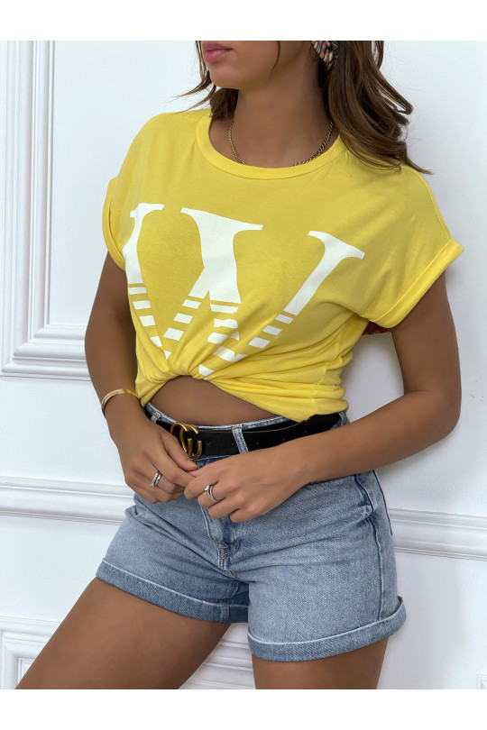 Hyper trendy yellow loose T-shirt with rolled up sleeves and W motif - 6
