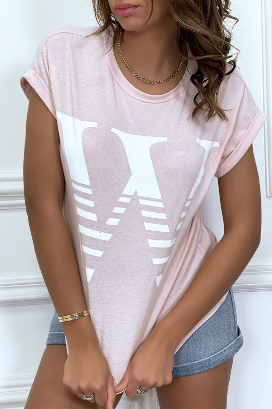 Trendy pink loose T-shirt with rolled up sleeves and W motif - 2