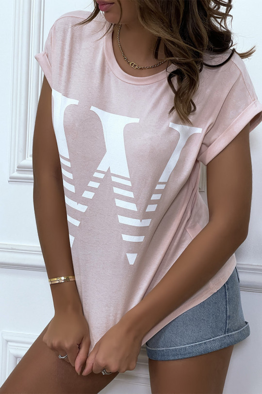 Trendy pink loose T-shirt with rolled up sleeves and W motif - 3