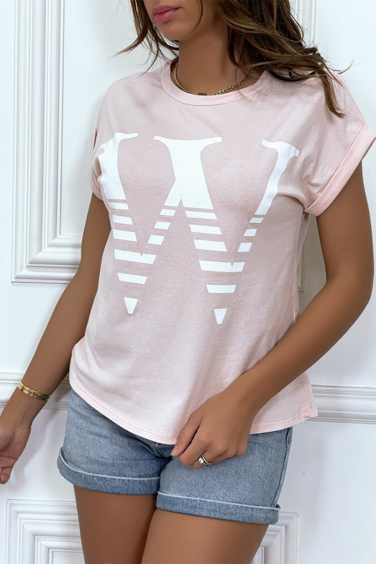 Trendy pink loose T-shirt with rolled up sleeves and W motif - 4