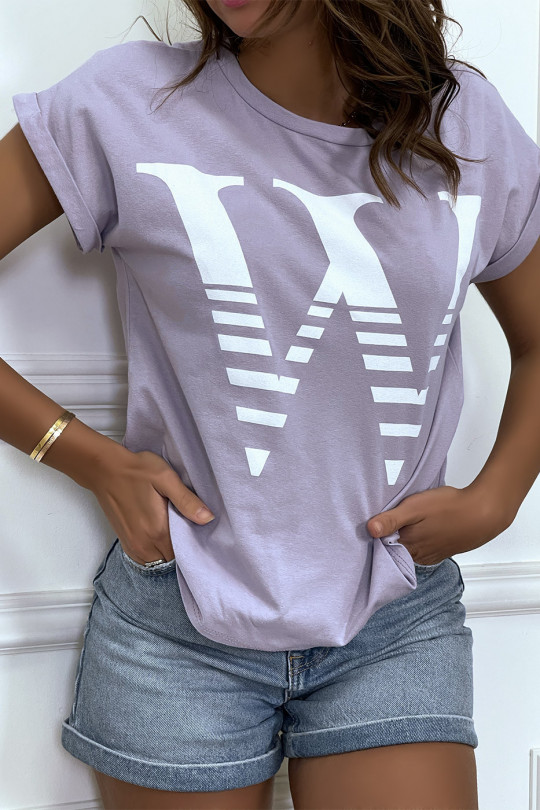 Trendy lila los T-shirt met opgerolde mouwen en W-motief - 2