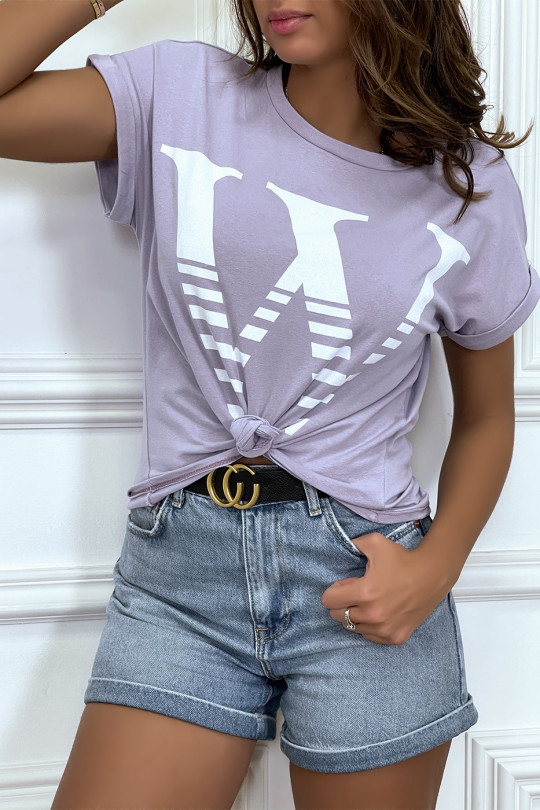 Trendy lila los T-shirt met opgerolde mouwen en W-motief - 3