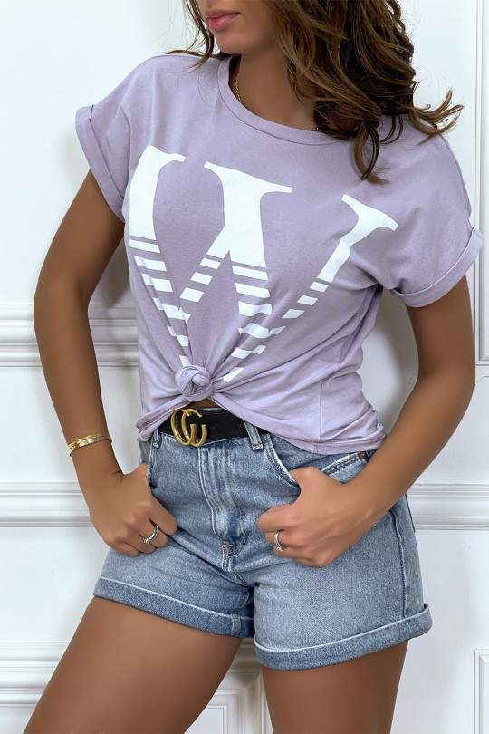 Trendy lila los T-shirt met opgerolde mouwen en W-motief - 4