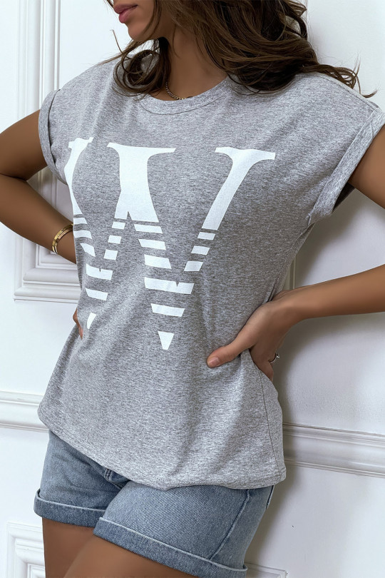 Trendy grijs los T-shirt met opgerolde mouwen en W-motief - 3