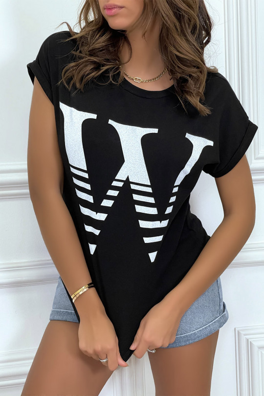 Super trendy black loose T-shirt with rolled up sleeves and W motif - 1 Super trendy black loose T-shirt with rolled up sleeves and W motif - 1