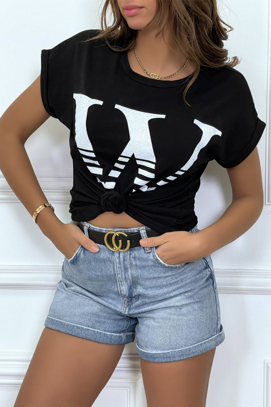 T-shirt loose noir hyper tendance à manches retroussées et motif W - 3 T-shirt loose noir hyper tendance à manches retroussées et motif W - 3