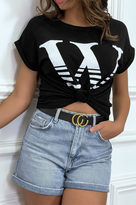 T-shirt loose noir hyper tendance à manches retroussées et motif W - 5 T-shirt loose noir hyper tendance à manches retroussées et motif W - 5