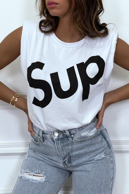 T-shirt blanc oversize sans manches à épaulettes et écriture "sup" - 5