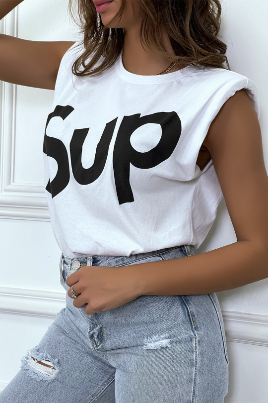 T-shirt blanc oversize sans manches à épaulettes et écriture "sup" - 6