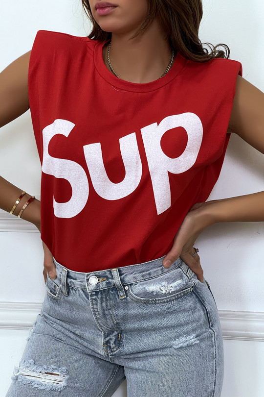 Rood oversized mouwloos T-shirt met schoudervullingen en "sup" -schrift - 4