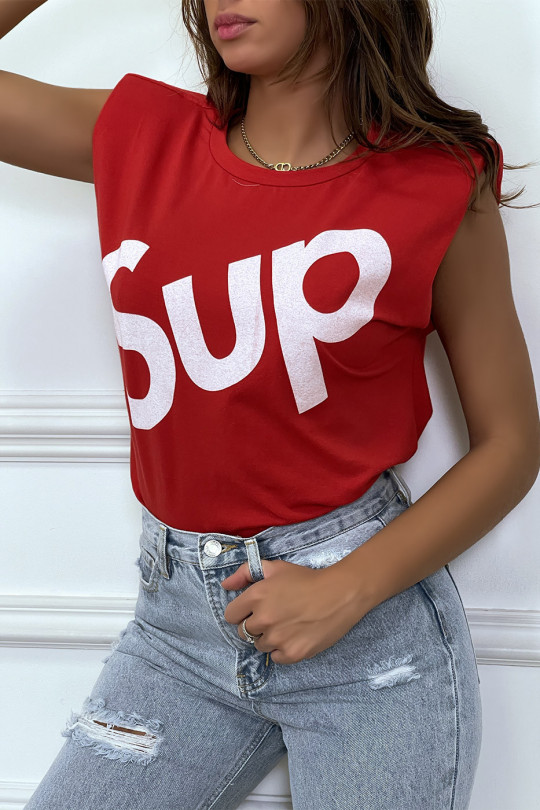Rood oversized mouwloos T-shirt met schoudervullingen en "sup" -schrift - 5