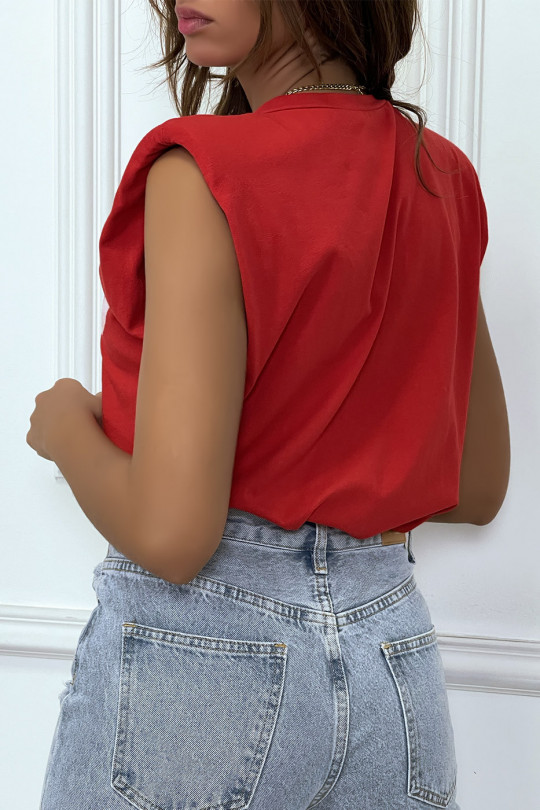 Rood oversized mouwloos T-shirt met schoudervullingen en "sup" -schrift - 6