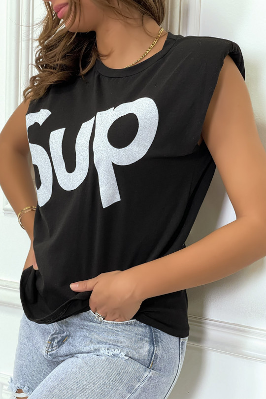 Zwart oversized mouwloos T-shirt met schoudervullingen en "sup" -schrift - 3
