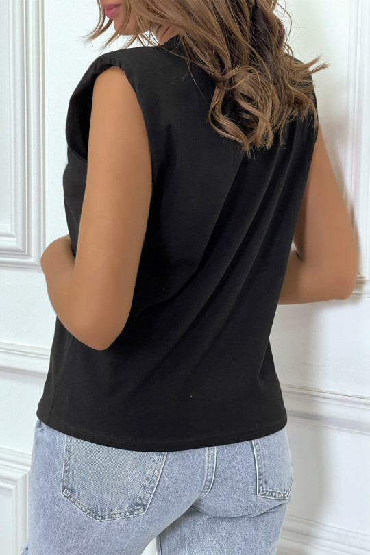 Zwart oversized mouwloos T-shirt met schoudervullingen en "sup" -schrift - 4